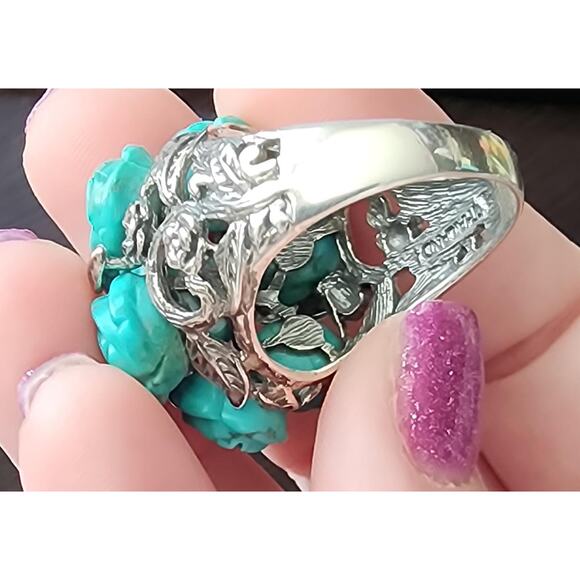 Handcrafted Sterling Silver Turquoise Rose Statement Ring - (US Size 9.5) - Picture 8 of 8
